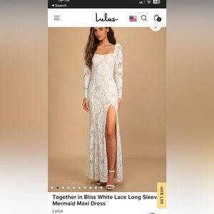 Lulus Dress- NWT.  Together in Bliss White Lace Long Sleeve Mermaid Maxi Dress